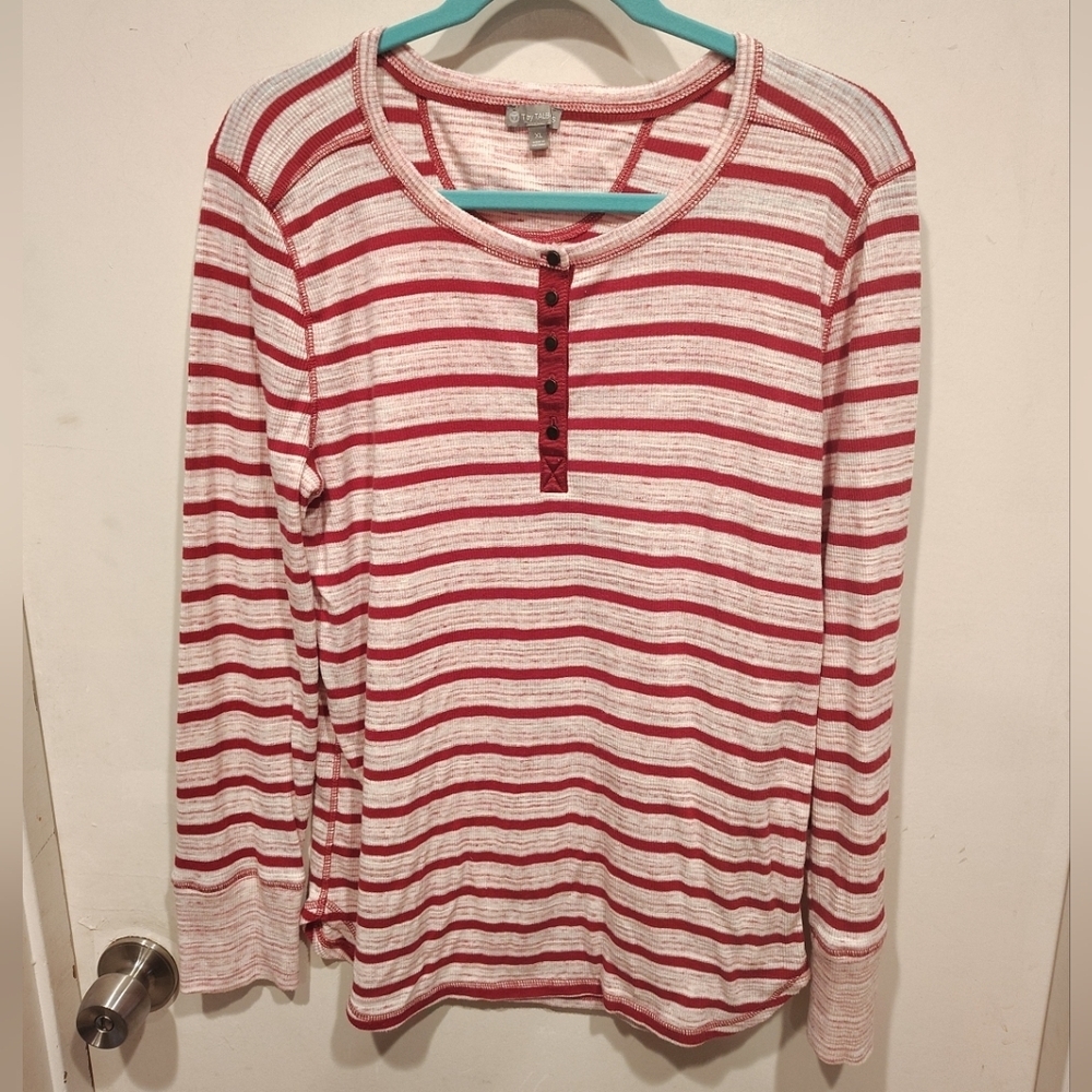T by Talbots Fuchsia Striped Henley Long Sleeve Knit Top Sz XL Casual Hiking
